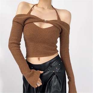 23 European and American style women's new autumn solid color sexy halter two-piece knitwear backless vest suit