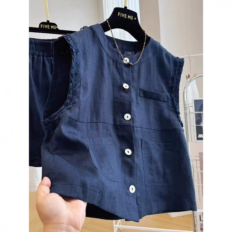 Новый легкий и зрелый жилет из чистого льна большого размера на солевой основе, шорты, модный женский костюм из двух предметов, летняя одежда с полным комплектом