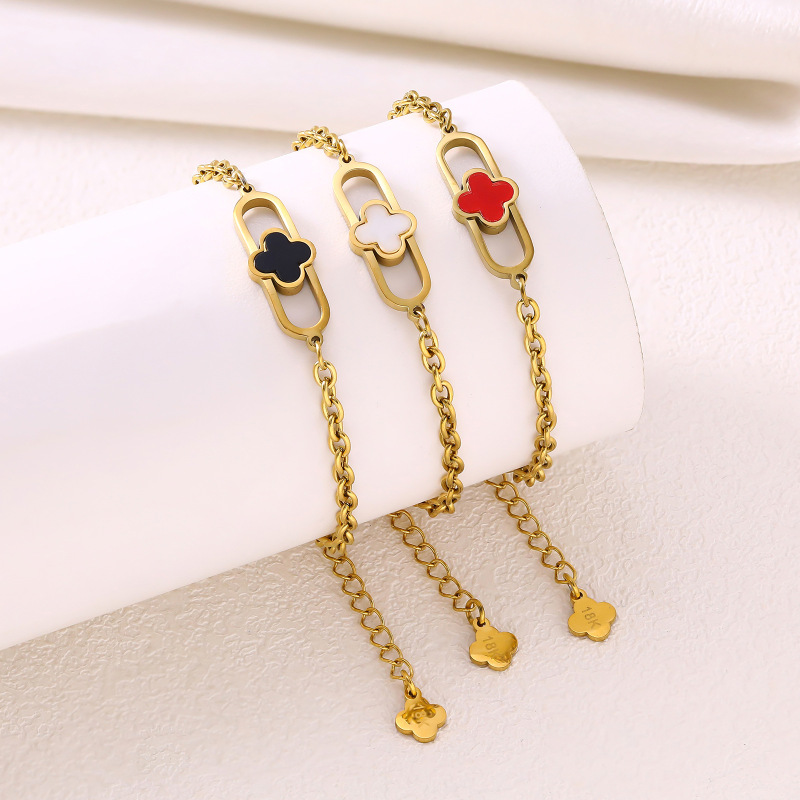 New Cross-Border Four-Leaf Clover Bracelet, Popular Single Flower Hand Accessory, 18K Non-Fading, Light Luxury Fashion Stainless Steel Jewelry for Women New Cross-Border Four-Leaf Clover Bracelet, Popular Single Flower Hand Accessory, 18K Non-Fading, Light Luxury Fashion Stainless Steel Jewelry for Women