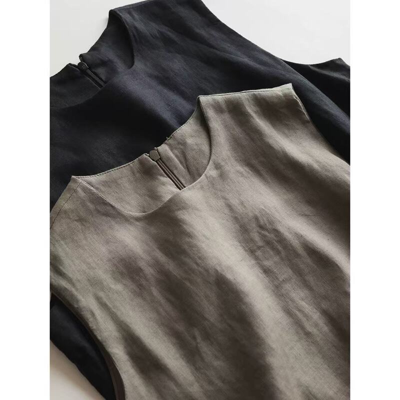 Soft Washed Linen Retro Literary Slimming Look Sleeveless Design Mid-Length Dress for Women Y0626L