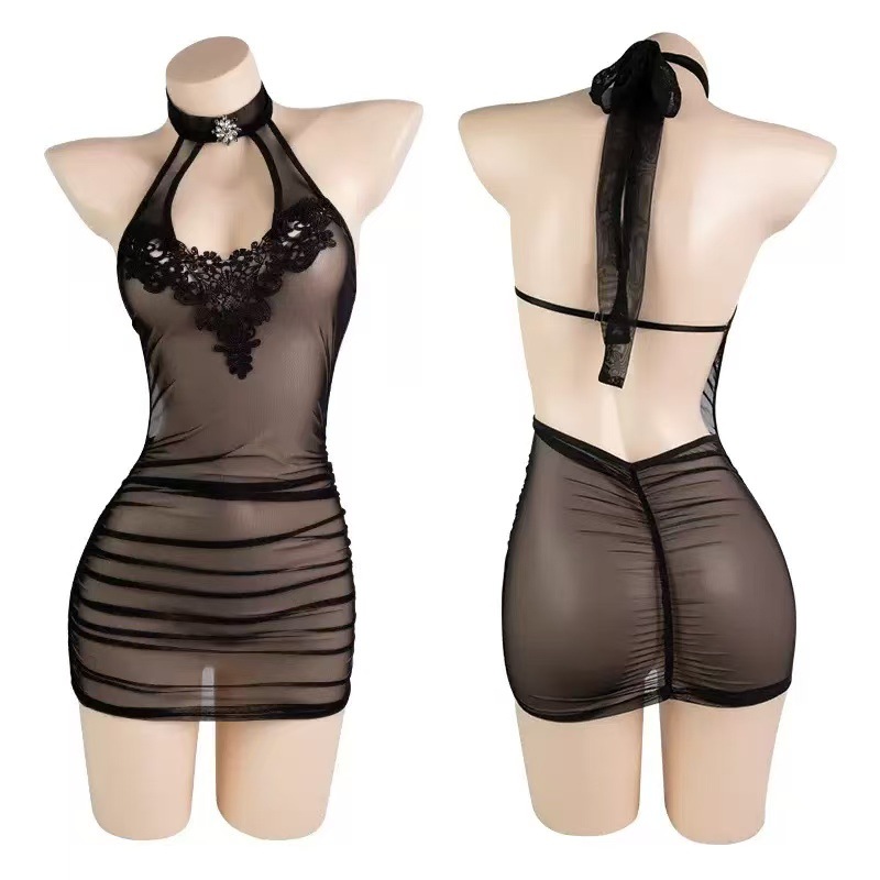 French-Style Eyelash Lace Sheer Mesh Bodycon Dress, Black One-Size Date Uniform Set — detail image 6
