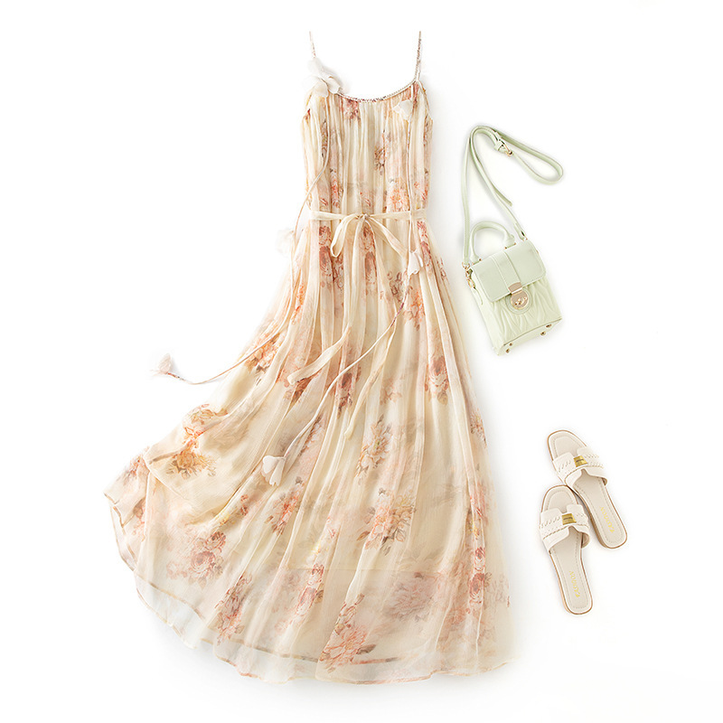 Wholesale Silk Dress Summer New European and American Style Long Suspender Beach Dress Travel Vacation 85139