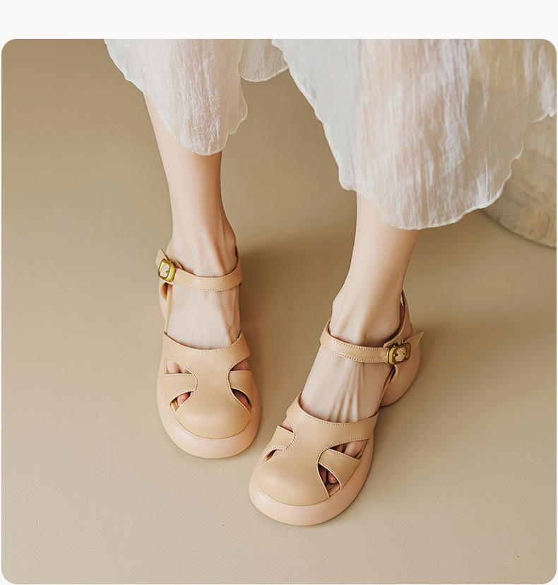 Sandal gót thô da cừu bít mũi phong cách La Mã đế dày quai ngang hở gót — Màu vàng ngỗng chi tiết 13