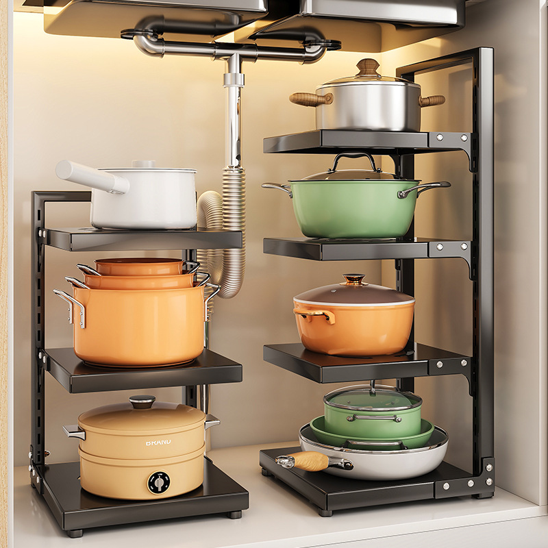 Under-Sink Pot Storage Rack Kitchen Shelf Layered Household Countertop Multifunctional Double-Sided Pot Rack Food Preparation Tool