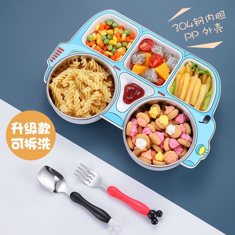 304 Stainless Steel Kidsren's Dinner Plate Compartment Household Anti-Fall Kindergarten Eating Plate Anti-Scalding Tableware Set Food Bowl