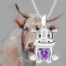 跨境熱銷可愛卡通牛紫色鋯石合金吊墜項鏈歐美時尚動物珠寶配飾