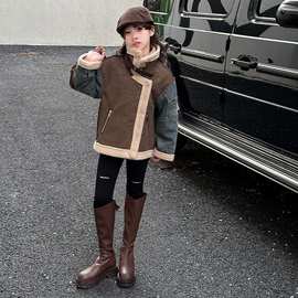 儿童加绒秋冬外套2025冬季新款女童复古英伦加厚皮毛上衣一体洋气