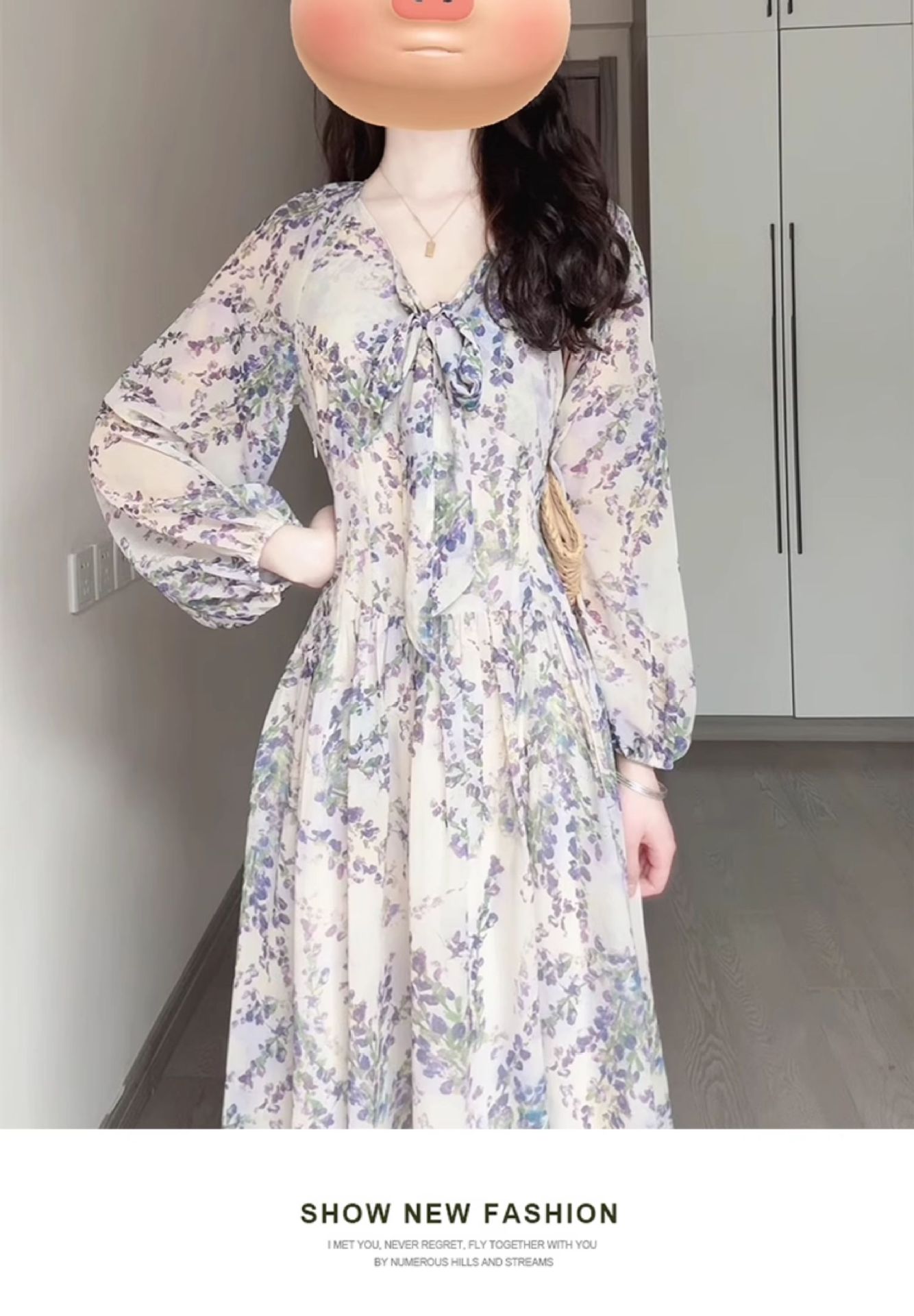 Đầm maxi nữ thắt eo voan hoa Pháp tay dài — Tím chi tiết 6