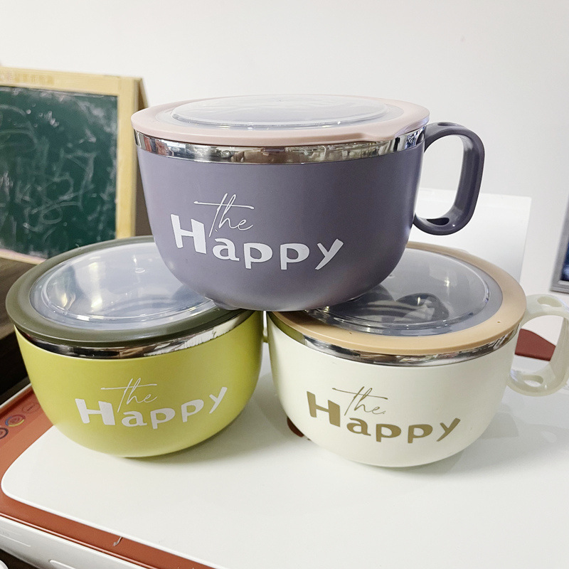304不鏽鋼飯盒便當盒批發學生泡麵碗食堂飯缸帶手柄蓋子可愛飯碗