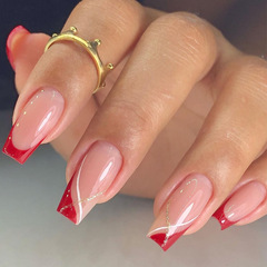 歐美穿戴甲甲片批發中長款紅色條紋簡約美甲成品24片穿戴式假指甲