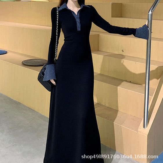 Black High-End Temperament Lapel Long-Sleeved Dress for Women Summer New Waist Slimming Slimming Ruffled Long Skirt