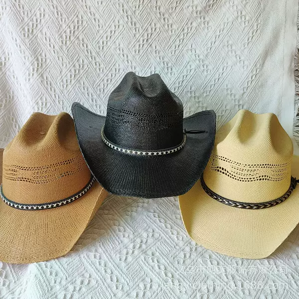 Cross-border Amazon Hollow-out Western Cowboy Hat Children European and American Big Brim Sunscreen and Sunshade Jazz Top Straw Hat Men