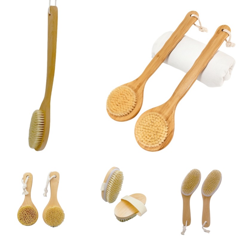 Lugar al por mayor artefacto de baño Cepillo de baño de limpieza de mango largo de madera maciza Cepillo de baño para frotar Cepillo de espalda para frotar Cepillo de baño de cerda de cerdo de pelo suave