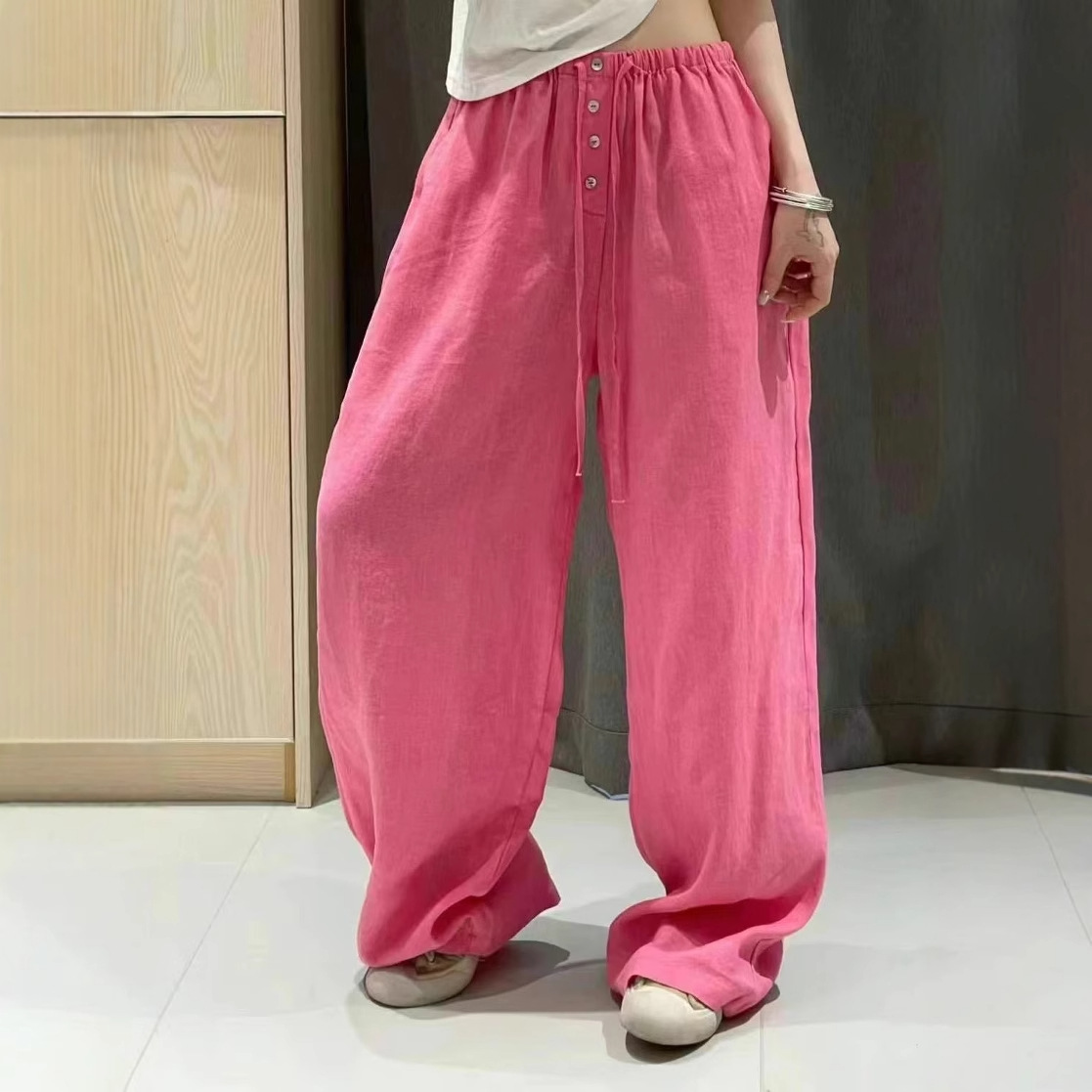 2026 Summer Korean Style Loose Slimming Lazy Style Linen Solid Color Shell Button Straight Pants Versatile Casual Pants for Women 1090