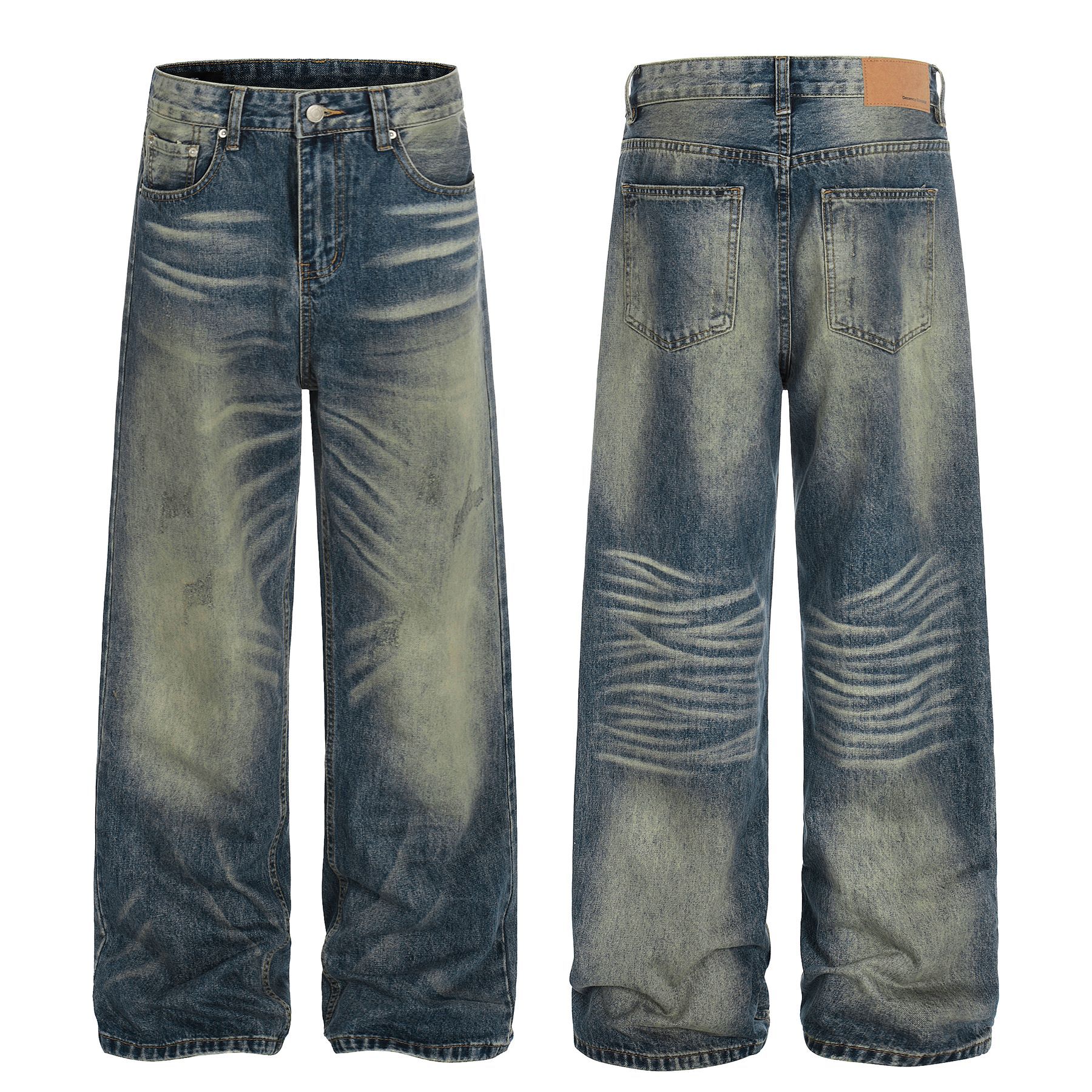 Premium Washed Retro Old Blue Denim Jeans Loose Fit High Street Style For Men And Women_voghion.com