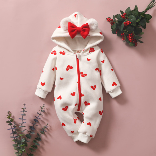 Infants and children cloud embroidery clothes love print fluffy ears hooded zipper hooded sweater one-piece clothes