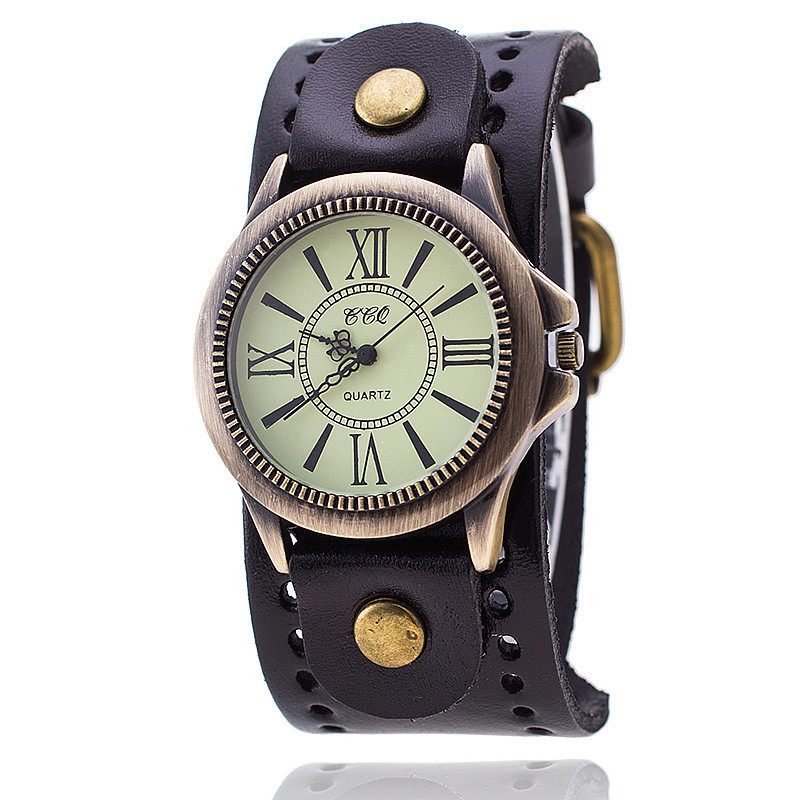 Hot selling punk cowhide watch, antique bronze Roman face quartz watch_voghion.com