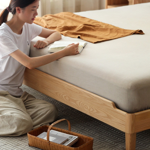 IYR7 Modern Minimalist Bed Without Headboard, Solid Wood Futon Bed for Small Apartments, White Ash Wood Double Bed