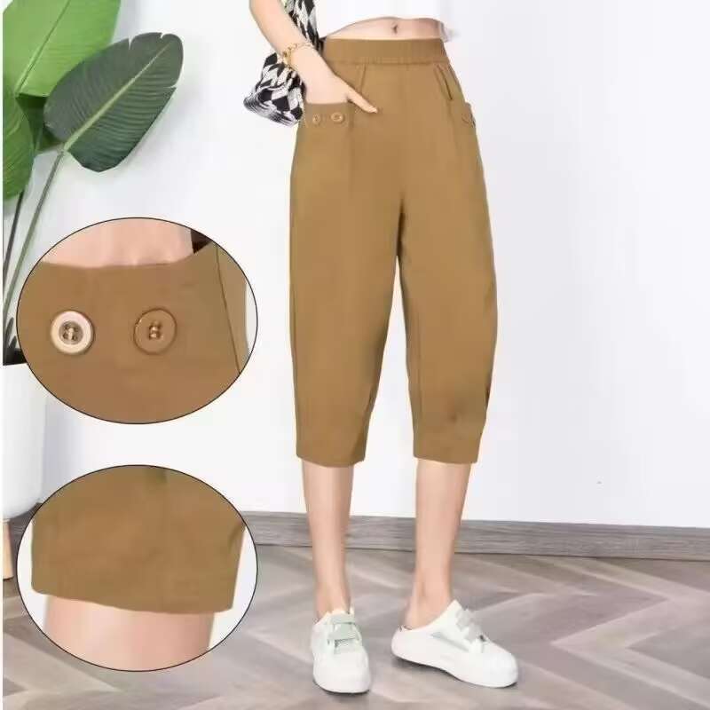New Summer Thin Ice Silk Cotton Harlan Pants Capri Pants Women's Summer Slim-fit All-match Elastic Waist High Waist Pants