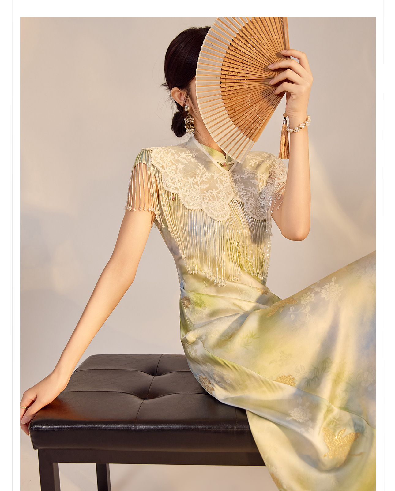 Váy Qipao cải tiến cao cấp phong cách Trung Quốc mới, in họa tiết tinh tế, cổ đứng ôm sát N5008 — Hiển thị màu xanh chi tiết 10