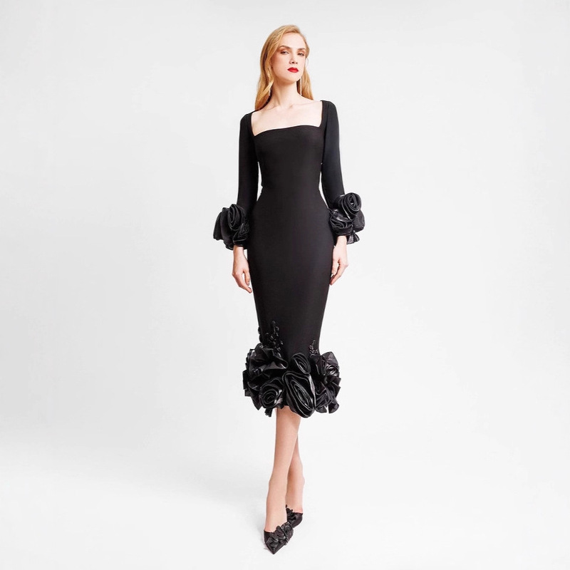 Cross-Border Women's Clothing European and American Style Dress Fashionable Floral Rhinestone Socialite Elegant Bandage Dress Bandagedress