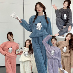 哈帕狗提花舒棉绒睡衣女款秋冬加绒保暖套装加厚卡通家居服可外穿