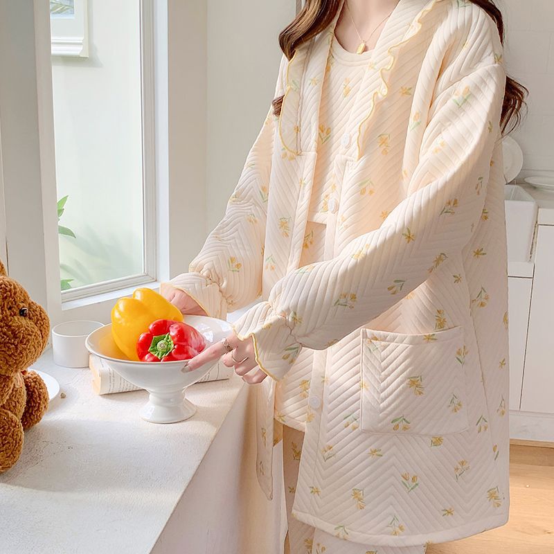 (2개) 안티 필링 에어 코튼 카디건 산후복 3종 세트 두꺼운 봄 가을 산후 임산부 잠옷 요양원복 겨울