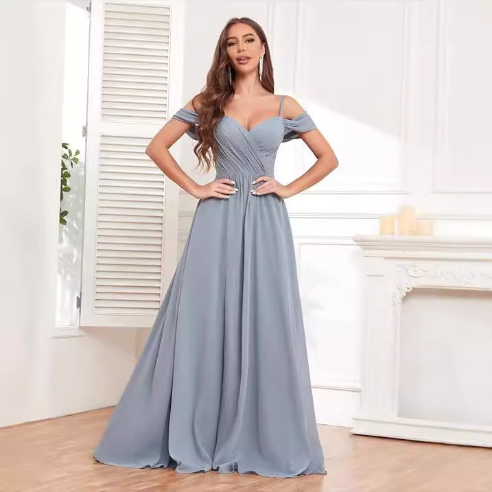 Vestido de noche de un solo hombro sexy europeo y americano, vestido de falda larga de cola de pez de encaje, dama de honor de gasa a nivel de diosa, caída delgada