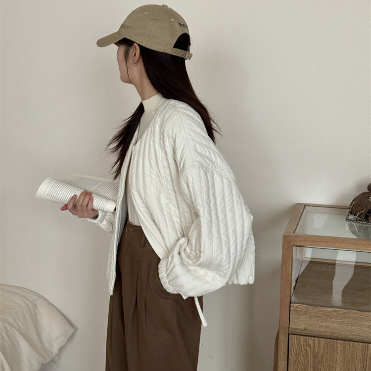 韩系高级感圆领轻薄外套女春秋2025新款宽松休闲保暖短款夹棉外套|undefined