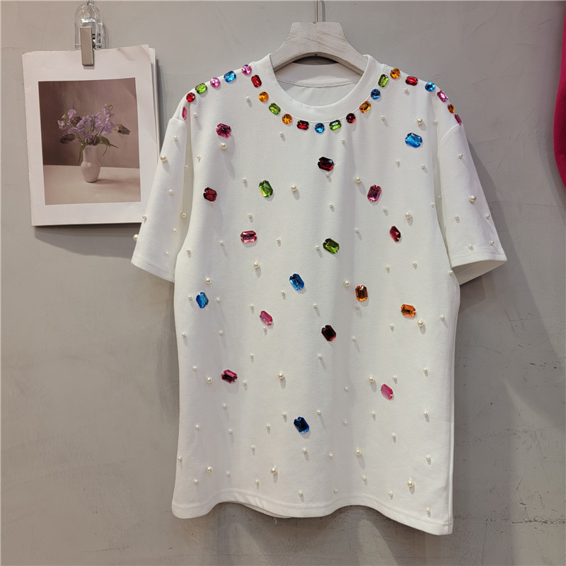 Camiseta de Manga Corta con Pedrería y Cuentas Cuello Redondo