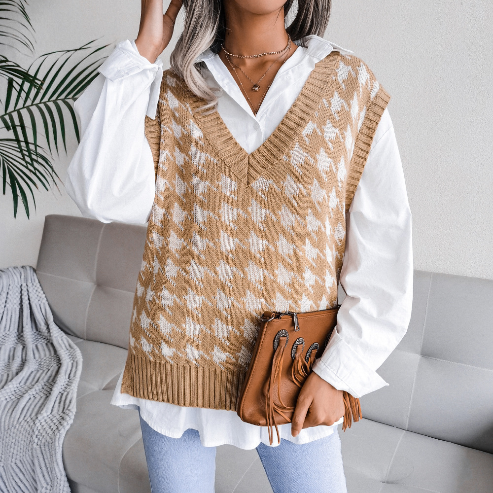 V-Neck Houndstooth Casual Loose Knit Sweater Vest NSBJ105774