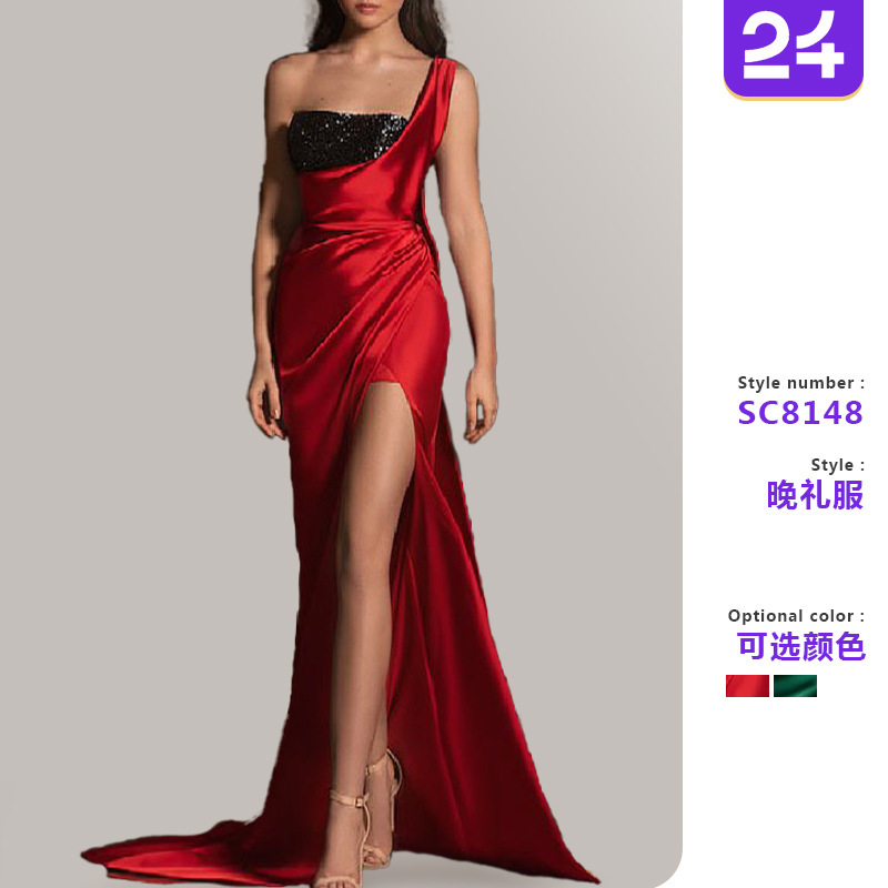 2026 Spring/Summer New Cross-Border Amazon Women's Dress Low-Cut Slit Long Dress Floor-Length Slimming Sequin Gown 2026 Spring/Summer New Cross-Border Amazon Women's Dress Low-Cut Slit Long Dress Floor-Length Slimming Sequin Gown