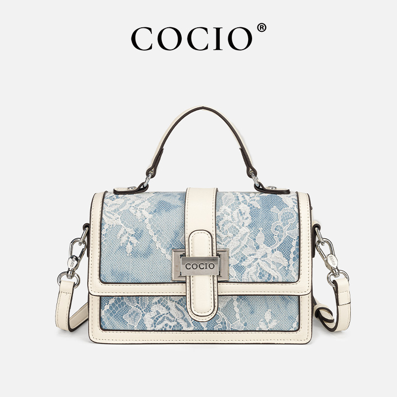 Cocio French-Style Lace Blue Small Square Handbag with Flap, Fresh and Gentle Mini Crossbody Shoulder Bag for Women