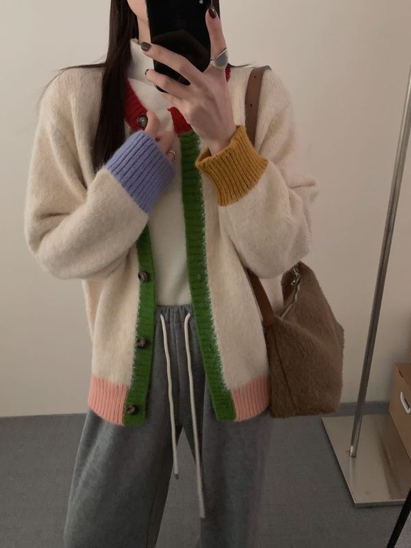 韩系撞色针织开衫多彩配色圆领单排扣甜美温柔秋冬百搭毛衣女外套|undefined