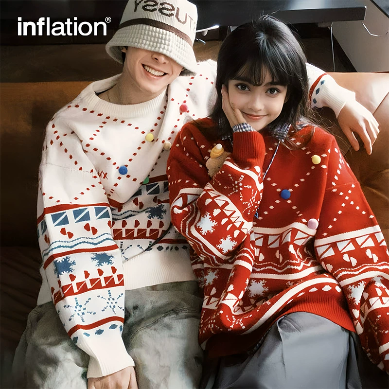 Яркая мужская одежда | арктический бархатный новогодний кукла пуловер свитер 2024 осень-зима свободный повседневный вязаный свитер для пар