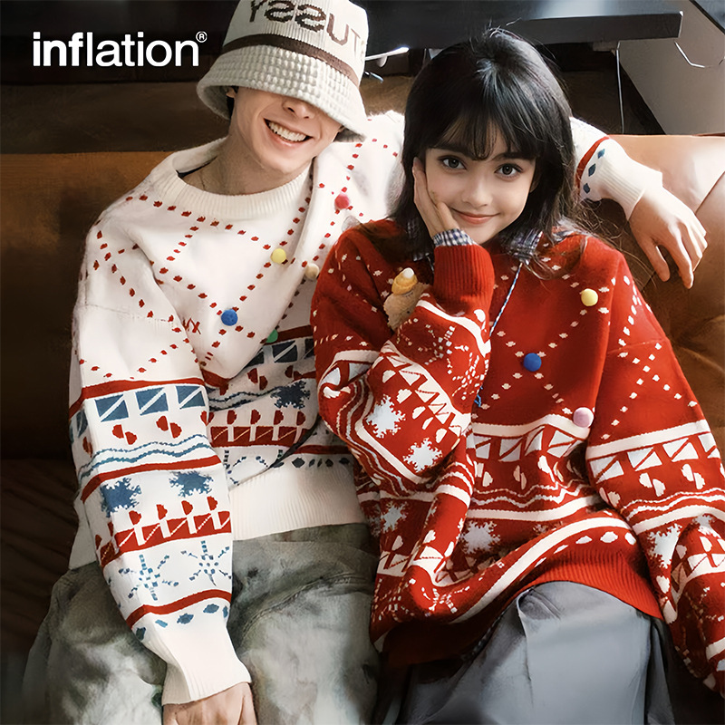 Jie Zhan Men's Clothing | Arctic Velvet Christmas Doll Pullover Sweater Loose Casual Knitwear Festive Atmosphere Couple