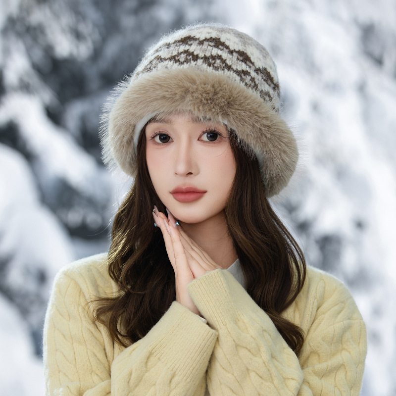 Cappello da pescatore invernale retrò in stile etnico jacquard lavorato a maglia, in pelliccia di coniglio, caldo, spesso e antifreddo_voghion.com