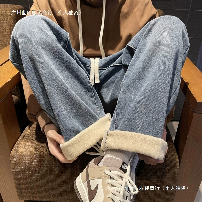 High Street Ретро бархатные толстые джинсы мужские зимние 2023 новые эластичный талия прямые свободные теплые широкие брюки