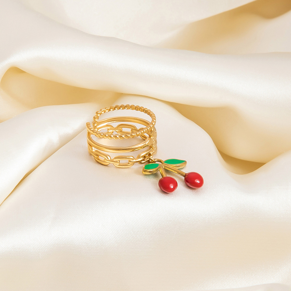 Waterproof Non Tarnish, Enamel, Plating Craft PVD Coated Real Gold Plated Cherry Heart Shape Eye 304 Stainless Steel Cute Waterproof Non Tarnish Charm Rings Open Rings