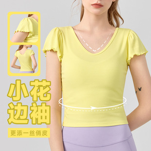Thin Yoga Blouse Top with Small Flying Sleeves for Women, Summer High-End French V-Neck Right Shoulder Outer Wear Sports Short-Sleeved T-Shirt for Women