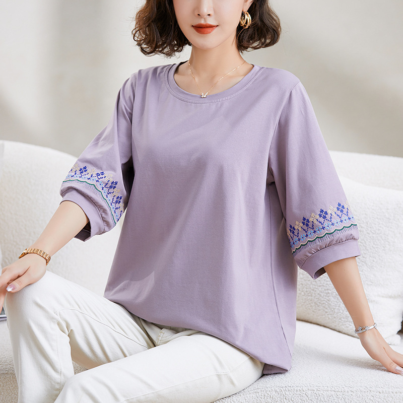 Mom round neck short sleeve T-shirt middle-aged women's loose belly covering half sleeve fashionable large size half sleeve top