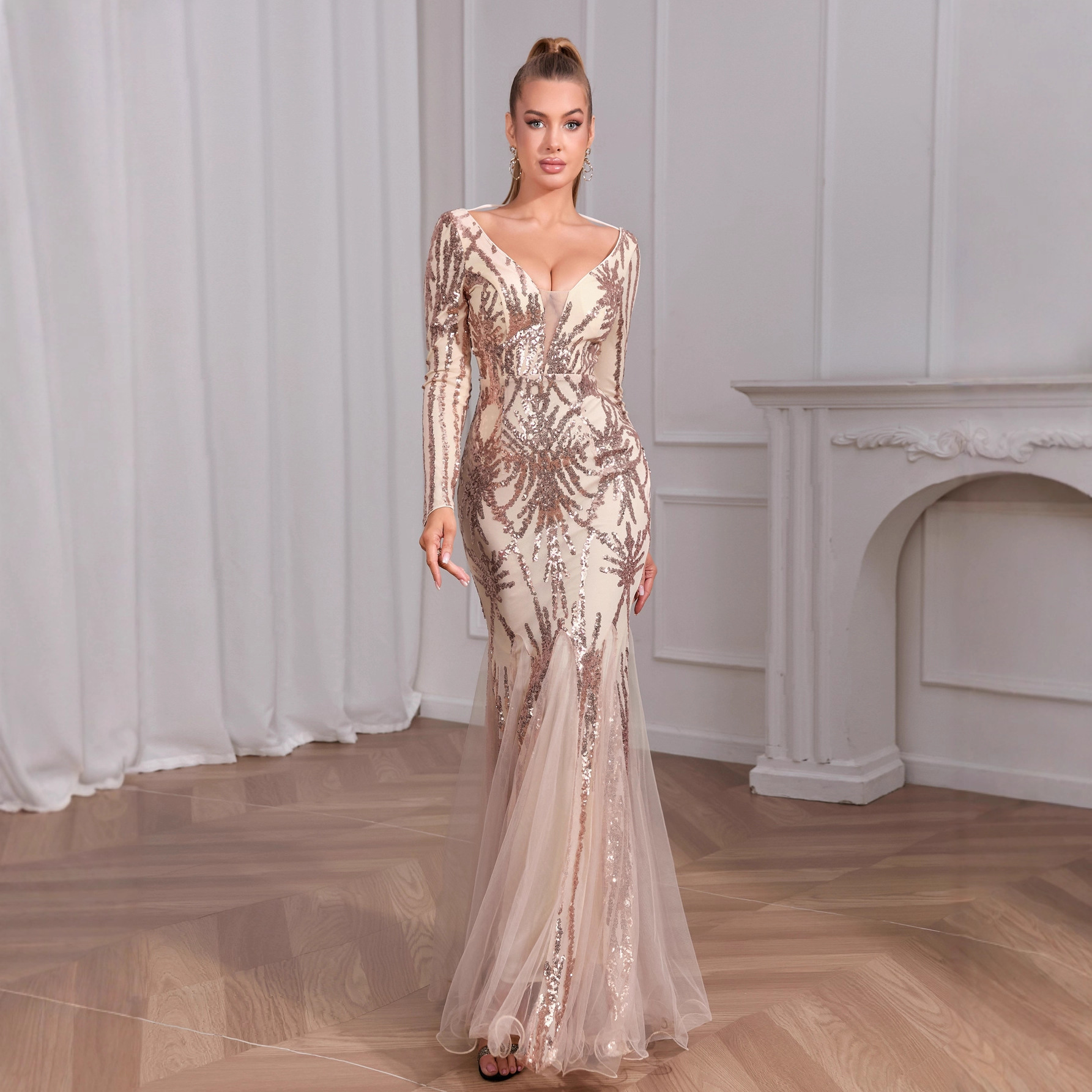Suideas Mesh Beaded Sequin Dress Event Prom Long Evening Dress Deep V European and American Style