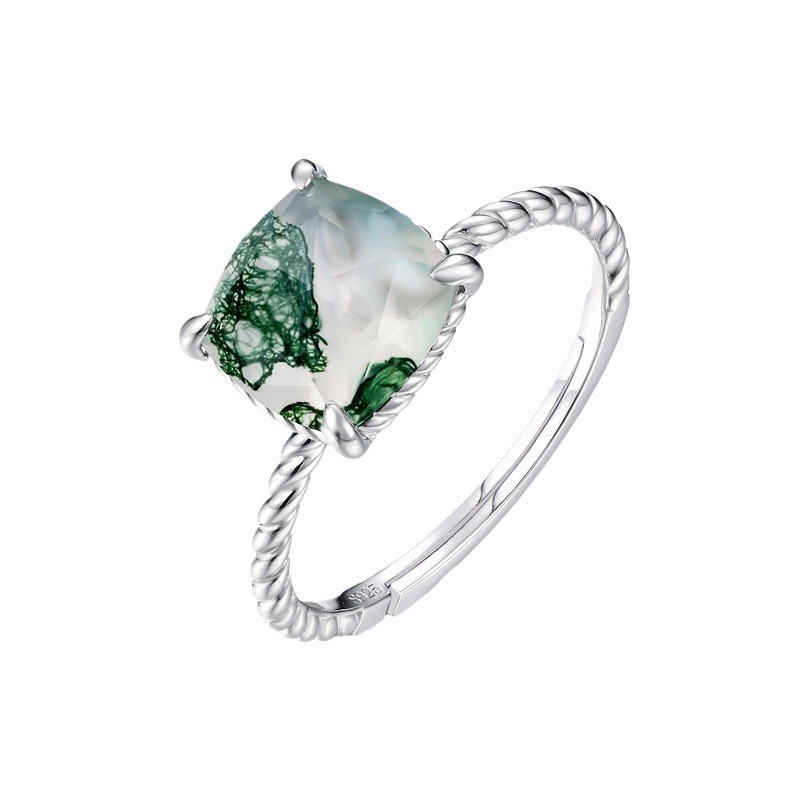 Anillo de flor de cáñamo transfronterizo con incrustaciones de pared Anillo de ágata de hierba de agua S925 Anillo de apertura de piedra de musgo verde natural de plata Atmósfera europea y americana