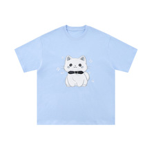卡通猫咪刺绣短袖T恤男款潮流设计感小众夏季宽松圆领纯棉上衣