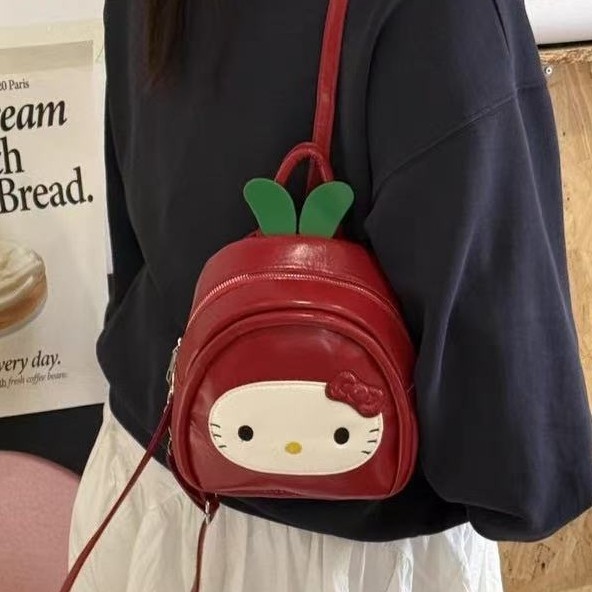 日系ins可爱红色苹果kt猫咪双肩包休闲背包软萌甜妹通勤小书包女