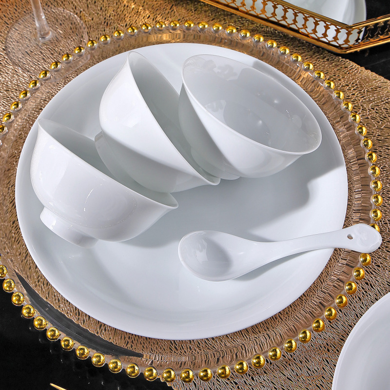 Jingdezhen High-Temperature White Porcelain Light Luxury Tableware New Underglaze Color Rice Bowl Household Noodle Bowl Soup Bowl Wholesale Microwaveable