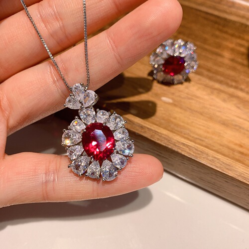 Zhuang Sheng Sheng Jewelry Fashion Jewelry Set Simulated Blood Red Pearl Pendant 10*12 Earrings and Ring 6*8 Three-Piece Set