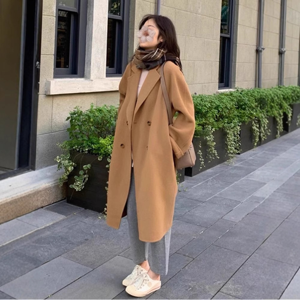 2024 anti-season new camel woolen coat women's long cocoon loose small woolen coat Korean version