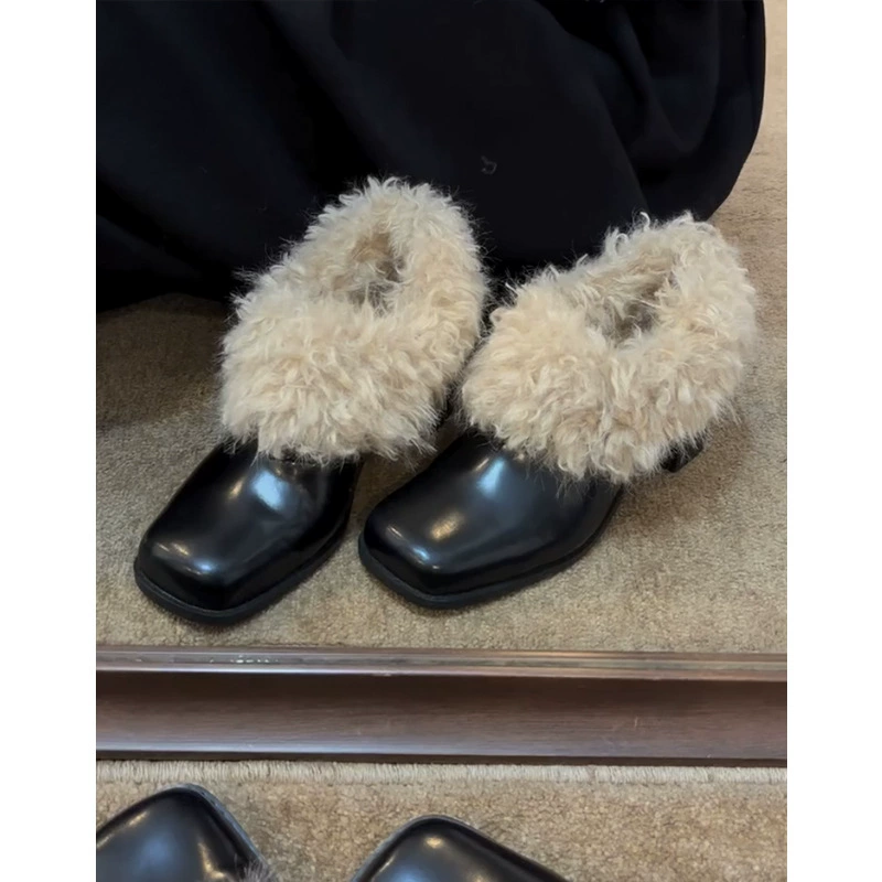 Коровья кожа версия ~ Кожаные туфли на каблуках меха женские осенние и зимние бархатные туфли маленькие кожаные туфли в британском стиле ретро