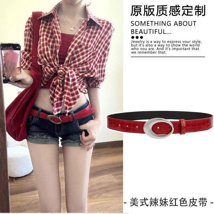 American-Style Spicy Girl Red Leather Belt, Retro Style Y2K Metal Elastic Buckle Belt, High-End Feel, Suitable for Jeans, New Product American-Style Spicy Girl Red Leather Belt, Retro Style Y2K Metal Elastic Buckle Belt, High-End Feel, Suitable for Jeans, New Product